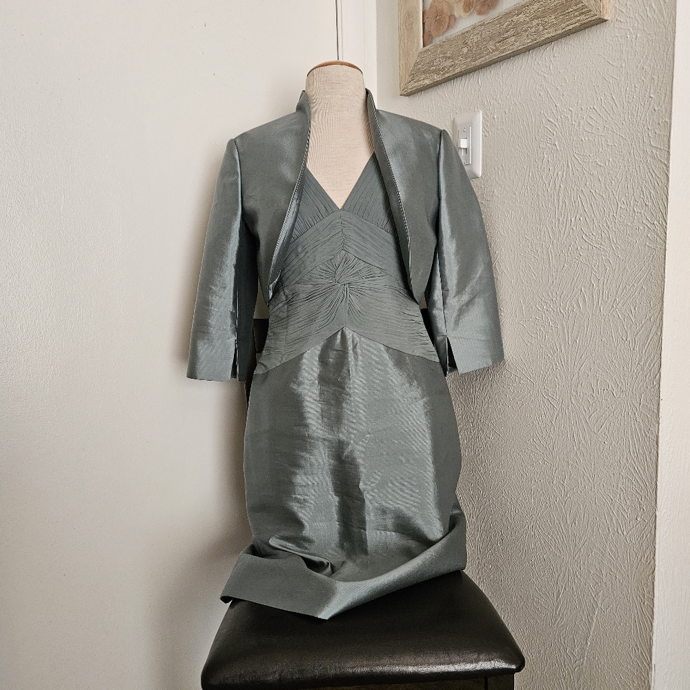 ADRIANNA PAPELL OCCASIONS Sleeveless Dress w Bolero Green Gray Women 8 Silk EUC